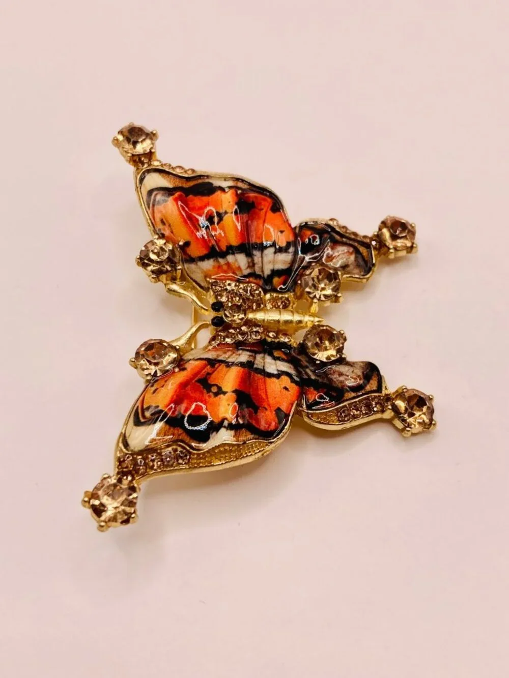 Butterfly Gold-Tone Rhinestone Brooch Vibrant Orange & Black Enamel Wings -47B